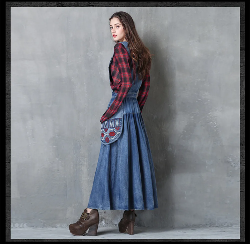 Vintage Autumn Dress Women 2017 Boho New Denim Vestidos Suspender Embroidery Patchwork Pocket Women long Dresses Vestido (15)