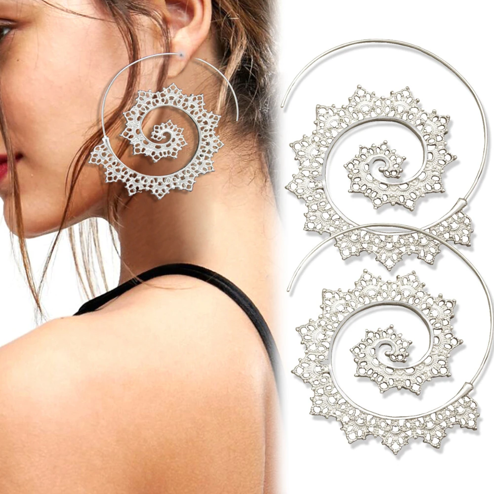 インドの華やかなフィリグリー渦巻スパイラルフープ糸通しプルスルーを通してイヤリングoorbellenのイヤリングbrincos Aretes釣り Hoop Earrings Aliexpress