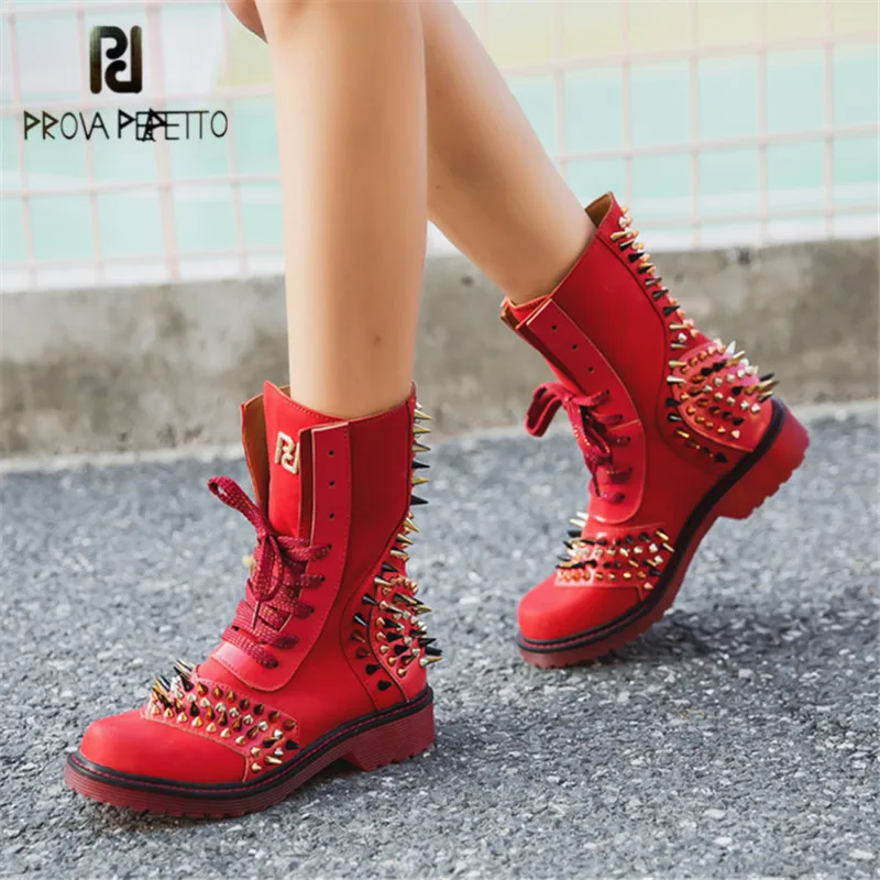 

Prova Perfetto Punk Style Spikes Genuine Leather Women High Boots Fashion Platform Lace Up Ankle Boots for Women Rubber Boot