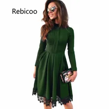 Autumn Dress Women Party Dresses O Neck Long Sleeve A-Line Slim Vestido De Festa Lace Spliced Sexy Dress Robe Femme stylish round neck long sleeve voile spliced a line women s dress