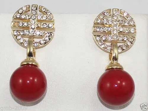 

Hot sale new Style >>>>RARE 12MM CORAL RED ROUND SOUTH SEA SHELL PEARL CRYSTAL 14 GP DANGLE EARRINGS