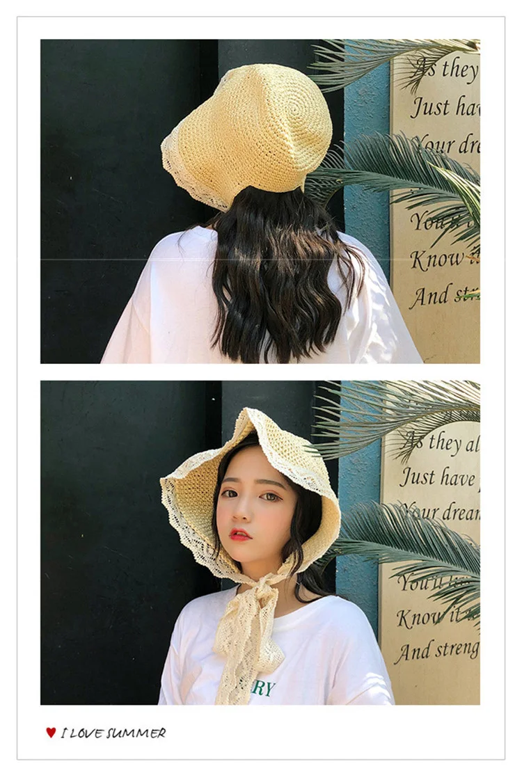 2018 Hot Sale French Mori Girl Style Lace Sunshade Straw Hat Summer Take a Holiday Windproof Beach Hat ACA31 (2)