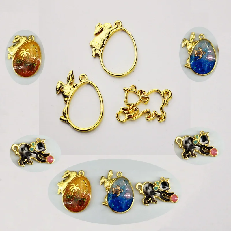 

3pcs/lot or 5pcs/lot Cat Playing Rabbit Shaped Metal Frame UV Epoxy Resin Charm Gold Bezel Jewlery Making Tools Resin Bezel