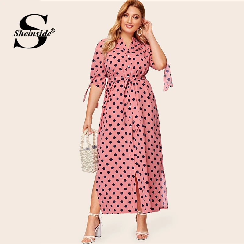 

Sheinside Plus Size Polka Dot Print Dress Women 2019 Summer Lace Up Sleeve Straight Dresses Ladies Button Up Belted Shirt Dress