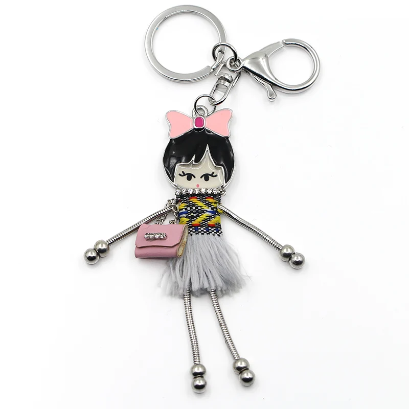 Handmade Cartoon Girl Doll Keychain Crochet Dress Rhinestone Charm Bag