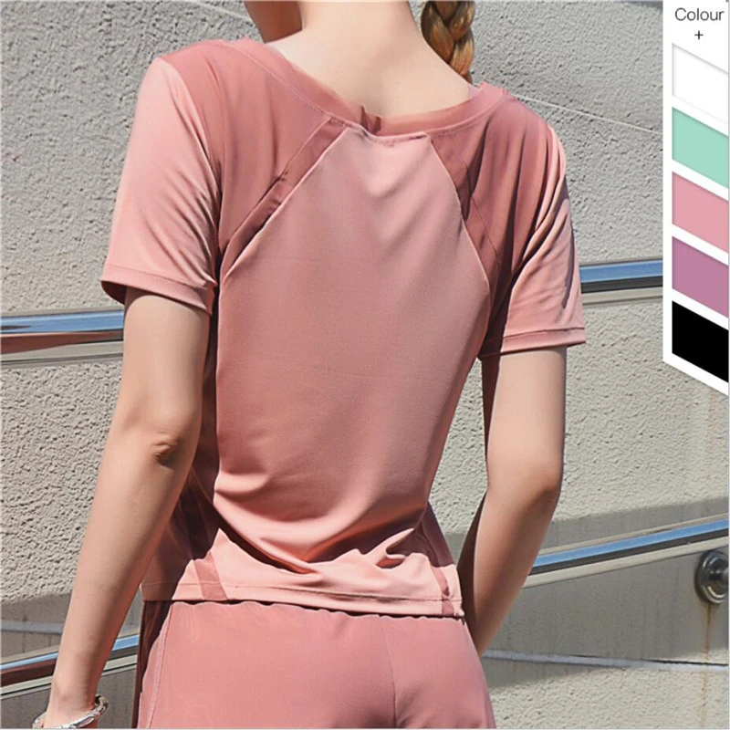 

2019 Sexy lady's mesh t-shirt yoga summer activewear fitness sports wear for women gym shirt short sleeve loose tshirt quick dry