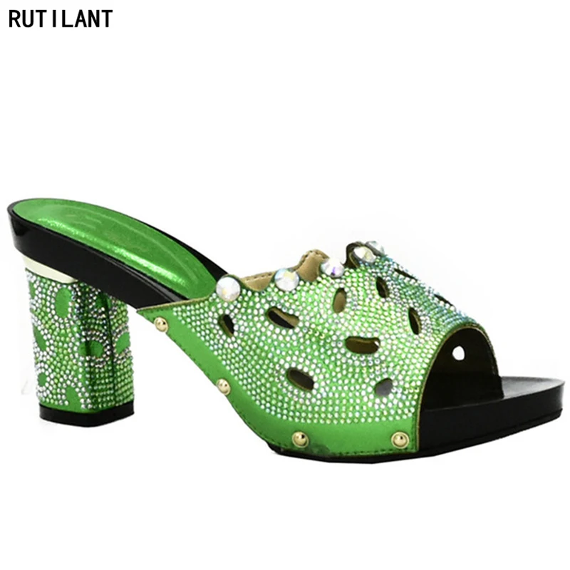 

New Arrival Green Color Italian Lady Sexy High Heels Women Pumps Rhinestones Ladies Wedding Pumps African Sandal Shoe for Party