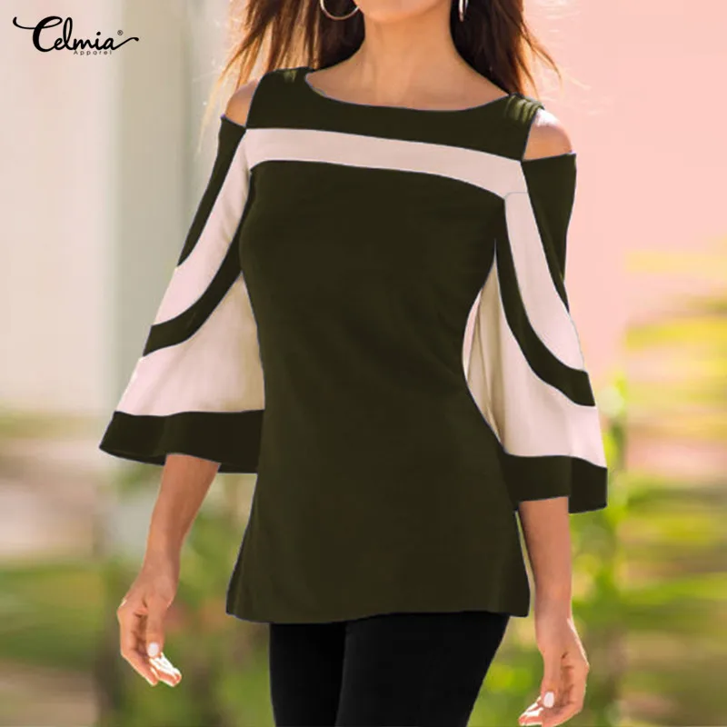 Plus Size Celmia Women Blouse Black White Colorblock Bell