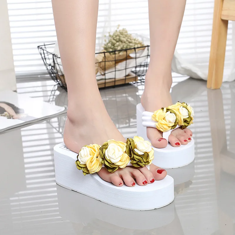 

POADISFOO New Flip Flops Female Summer Thick Bottom High Heel Beach Slippers Female Seaside non-slip Flowers Sweet WNH-777-12
