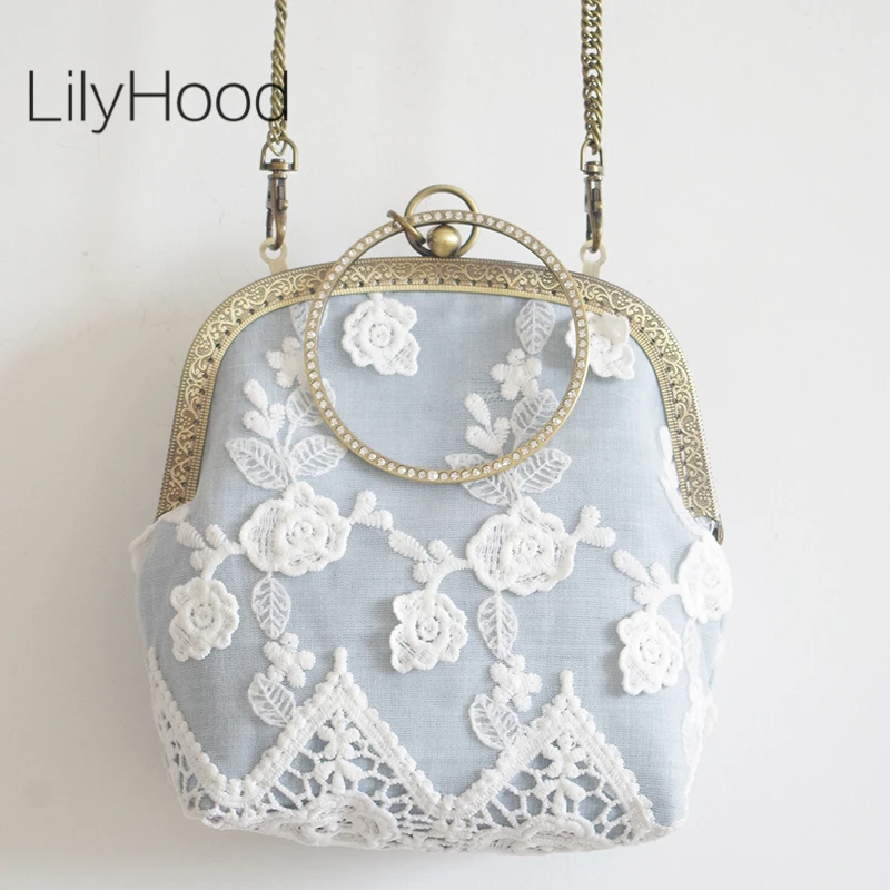 

Lace Cover Clasp Handbag with Circle Handle Female Girly French Floral Lace Shoulder Bag Women Small Vintage Elegant Evening Bag