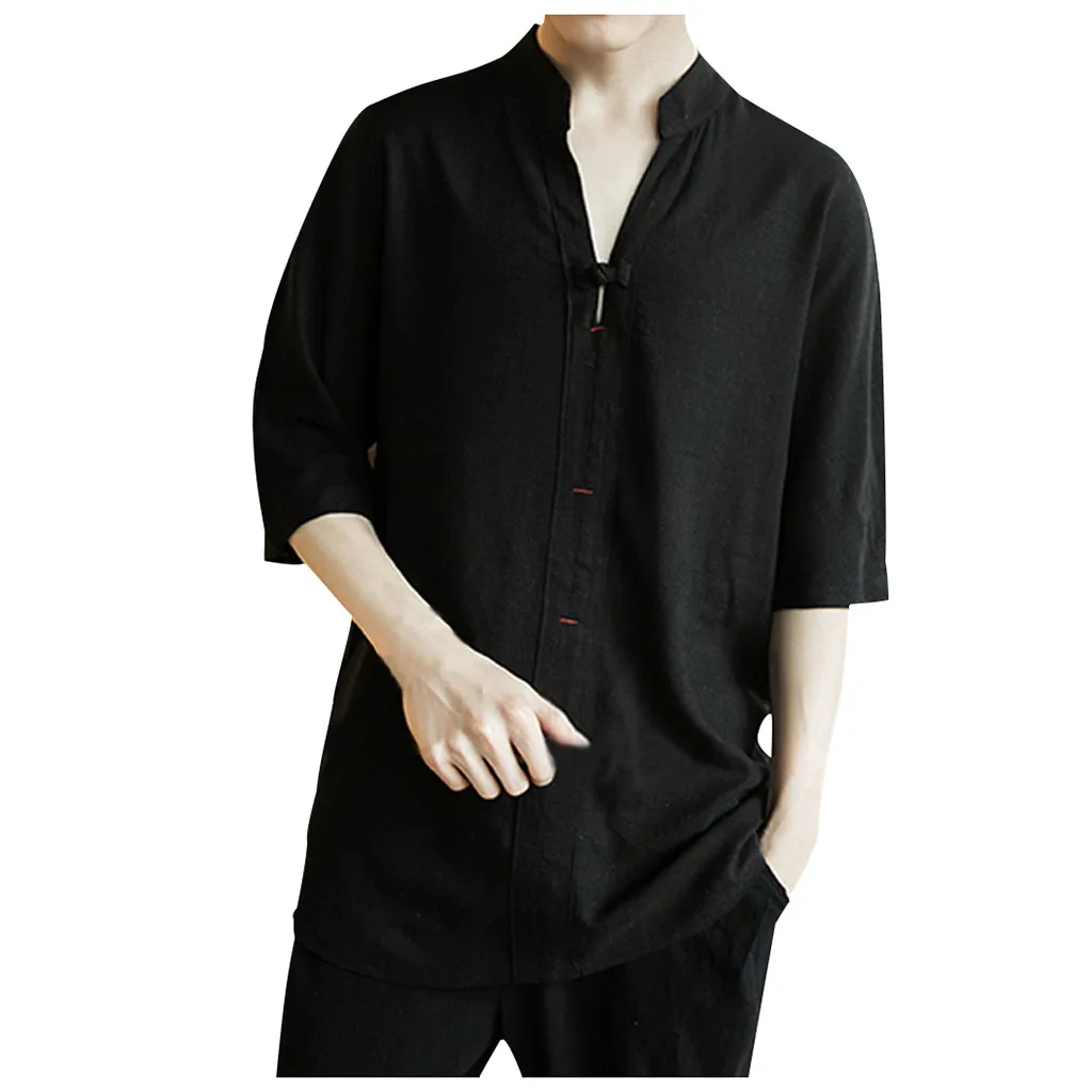 

Shirts Men Summer Vintage Blouse Pure Color Tops Linen Patchwork Half Sleeve shirt Comfort Stand Collar Men Shirt chemise homme