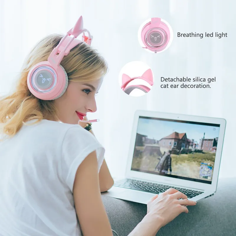 SOMIC G951 Gaming Headset USB 7 1 Virtual Surround Sound Headsets LED Cat Ear Headphones With Mic For Computer PC for Women Kids