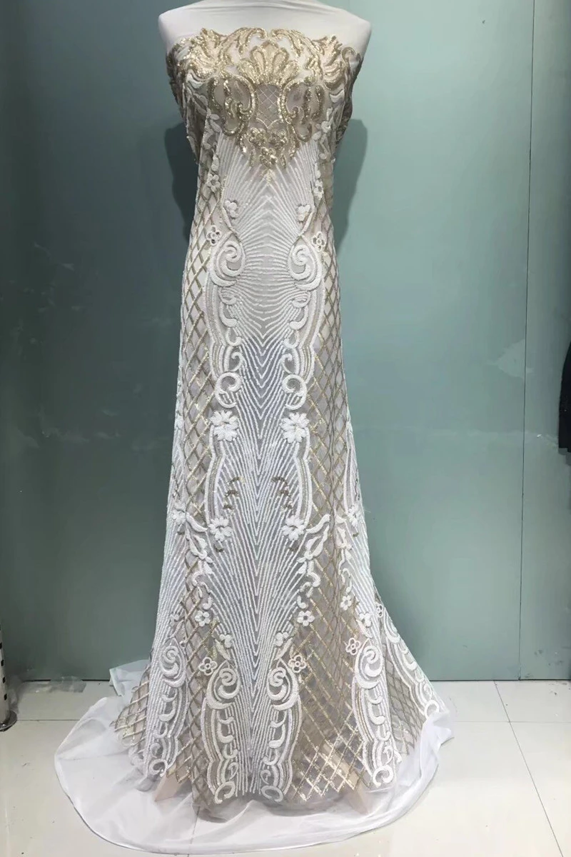 

Gold and white Sequins Lace Fabric 4.5*1.35 meters 2017 African Lace fabric with Sequins High Quality red Sequin Fabric