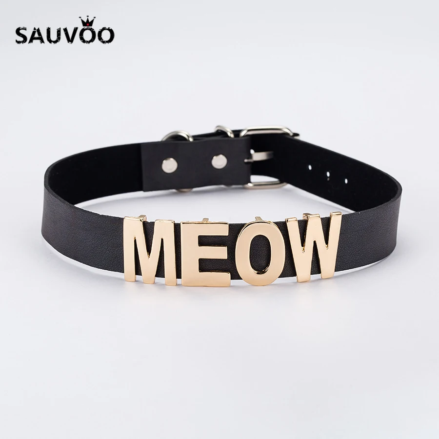 

Sauvoo 2018 Punk Chokers Necklaces Black Leather Letter Chocker Women Girls' Statement Necklace Jewelry Collier Femme