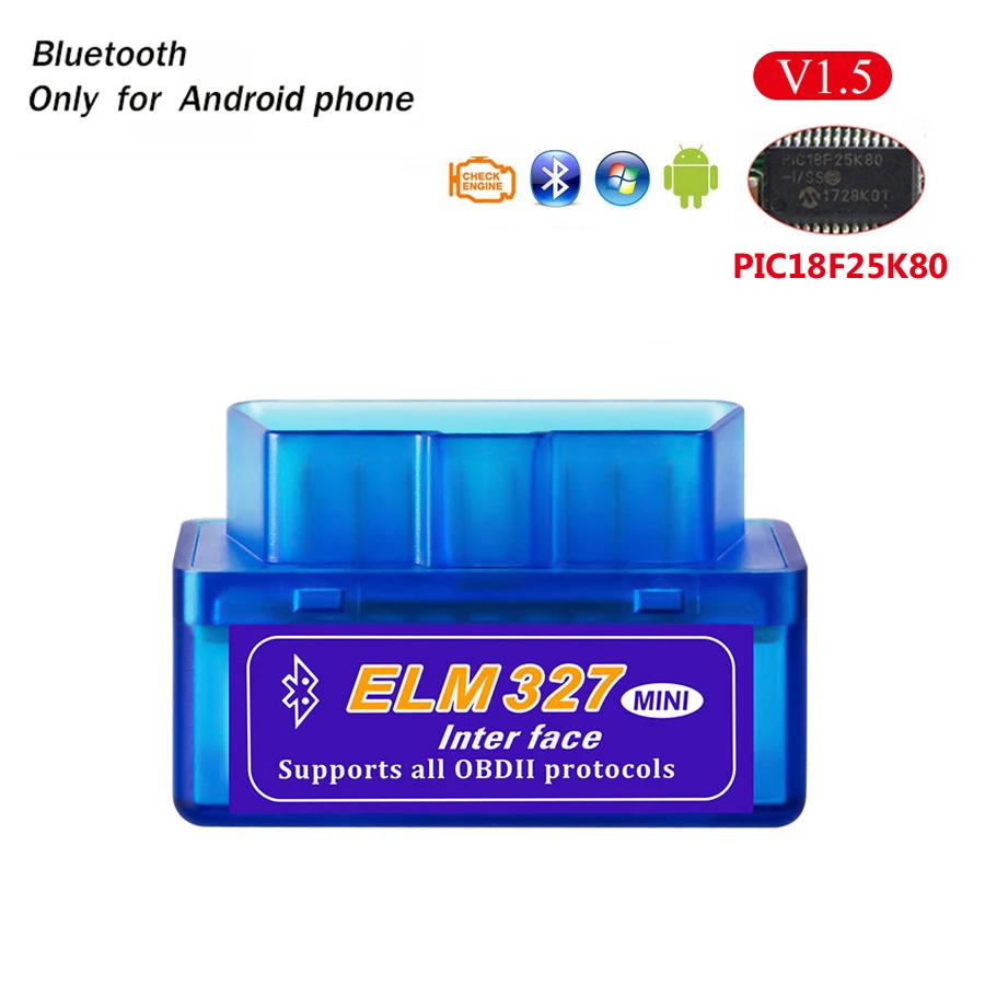 PANDUK Мини OBD2 ELM327 V1.5/V2.1 Bluetooth/wifi автомобильный диагностический инструмент чип PIC18F25K80 OBD код ридер работает Android/IOS 12 в автомобиль - Цвет: Bluetooth V1.5 Blue