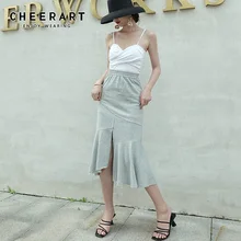 Летняя юбка-годе Cheerart, женская серая эластичная юбка с оборками с завышенной талией, юбка с запахом, длинная Корейская женская юбка с разрезом