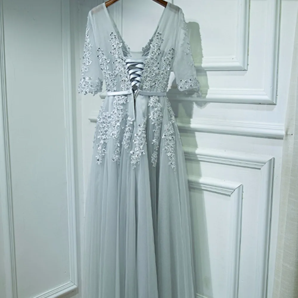 Сексуальное вечернее платье с v-образным вырезом, Robe De Soiree, новинка, высокое качество, Серый Тюль, вечерние платья с аппликацией, настоящая фотография, vestido de festa