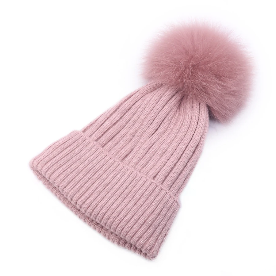Зимняя женская вязаная шапка Skullies Женская бини шапки с настоящим помпон из лисьего меха Толстая теплая подкладка Gorro Лыжные шапки для девочек Новинка