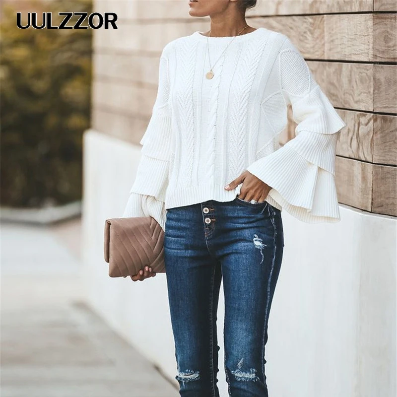 

UULZZOR winter women sweaters Pleats Loose o Neck Streetwear White Knitted Sweater Fashion solid Thick Flare sleeves Pullovers