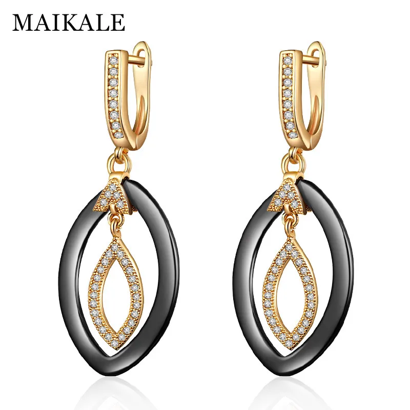 

MAIKALE Korean Black White Ceramic Drop Earrings for Women Copper Cubic Zirconia Cushion Gold Silver Color Earings Fashion Gift