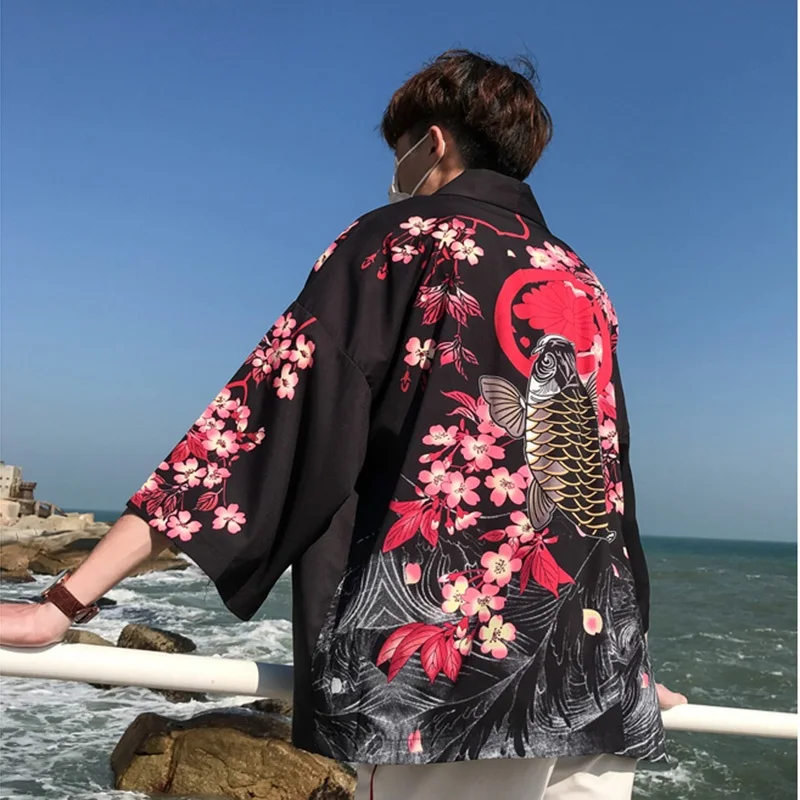 Japanese kimono cardigan men haori yukata male samurai costume clothing kimono jacket mens kimono shirt yukata haori ZZ0004 - Цвет: 1