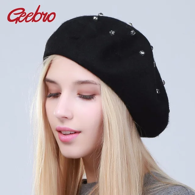Geebro Women's Beret Hat Fashion Solid Color Wool Knitted Berets With