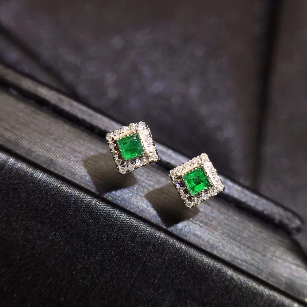 

Fine Jewelry cqt Real 18K White Gold AU750 100% Natural Emerald Gemstones Female Diamond Stud Earrings for Women Stud Earrings