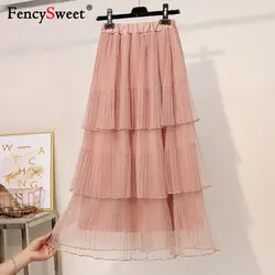 Fencysweet Весна 2019 Новый тюлевые женские юбки слоистых сетки торт юбка Кружева Высокая талия Длинная женская вуаль серый розовый