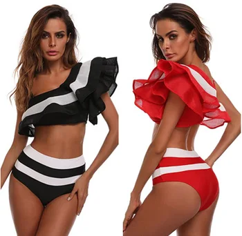 

2018 New One Shoulder Ruffled Bikini Set High Waist Swimsuit Bathing Suit