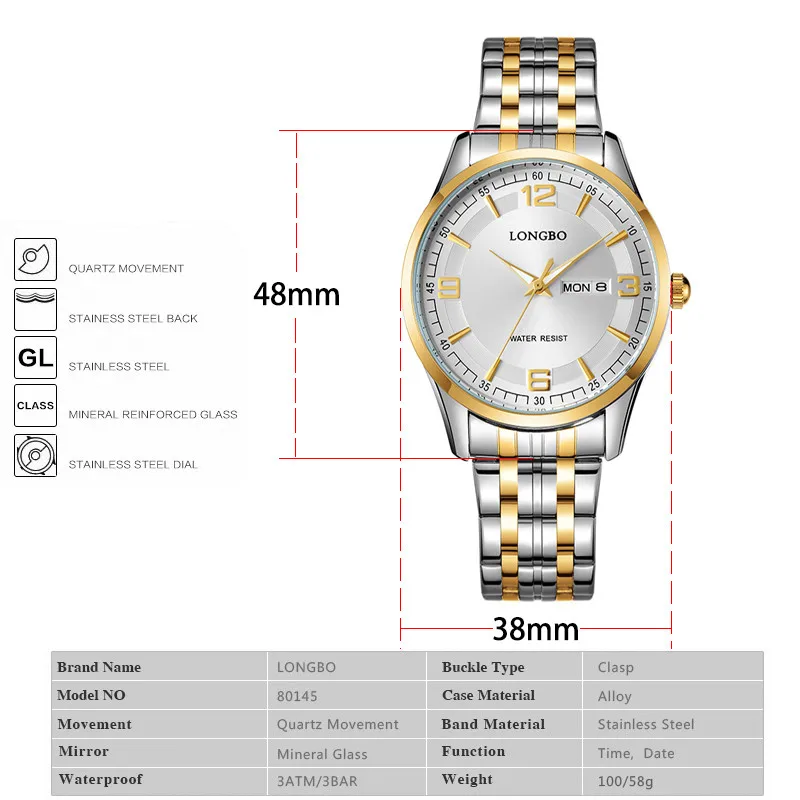Модные брендовые часы LONGBO, Новое поступление, спортивные часы для отдыха, полностью стальные, с автоматическим календарем, наручные часы, качественные женские часы 80145