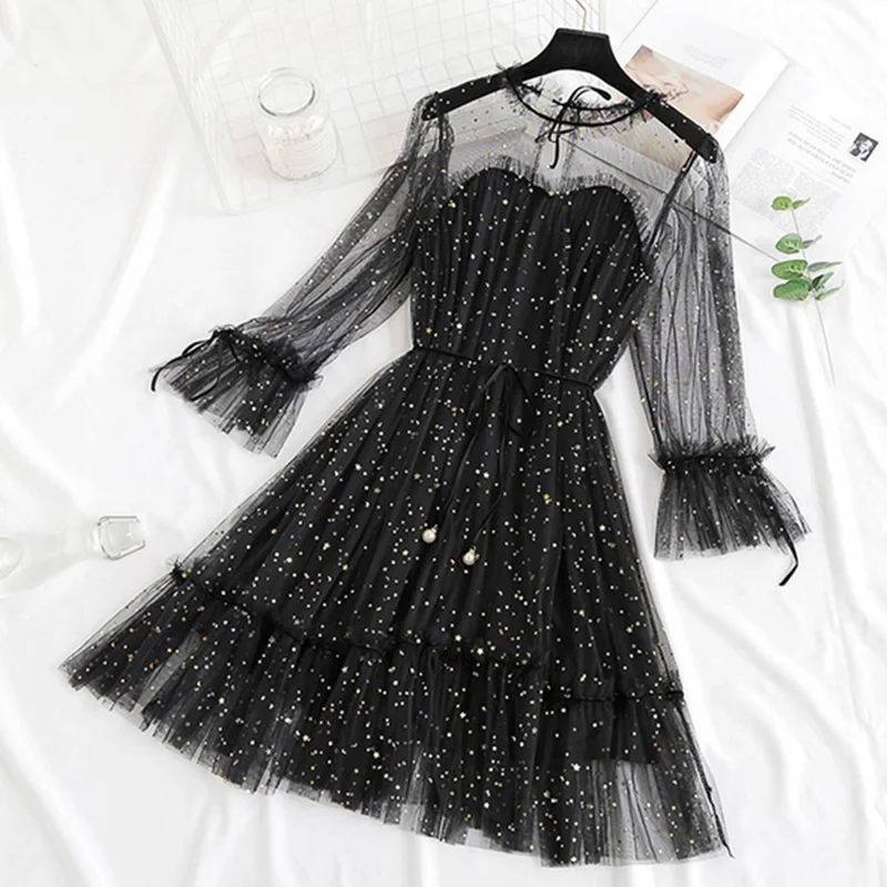 

2019 Girl Super Fairy Net Dress Fairy Dress Gentle Star Dress Casual Knee-Length Regular Solid Natural O-Neck