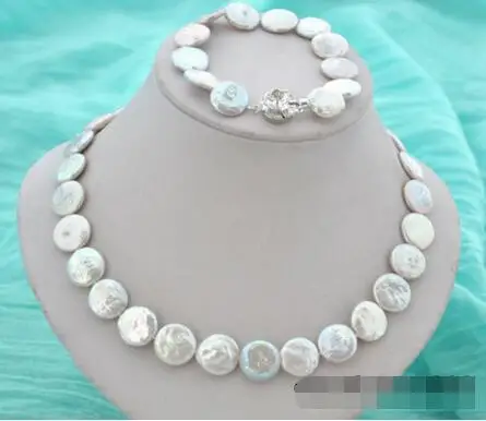 

FREE SHIPPING HOT sell new Style >>>>17" 15mm coin white freshwater pearl necklace 8" bracelet