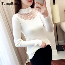 2021 Lace Turtleneck Pullovers Sexy Sweaters Hollow Out Winter Ladies White Sweaters Elasticity Bodycon Basic Long Sleeve Jumper