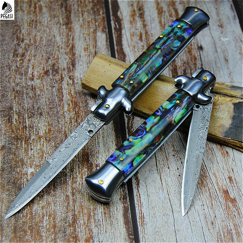

PEGASI Damascus steel 9-inch outdoor multi-functional portable folding knife quick open mirror knife camping knife