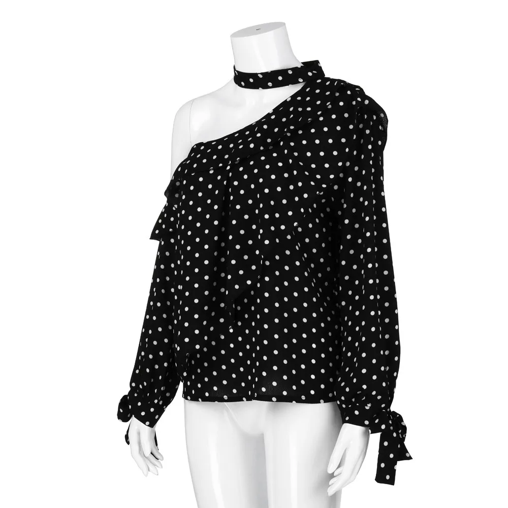 Элегантная деловая Офисная Женская блузка на одно плечо, блуза в горошек, топы с рукавами-фонариками, шифоновая рубашка с бантом/PY
