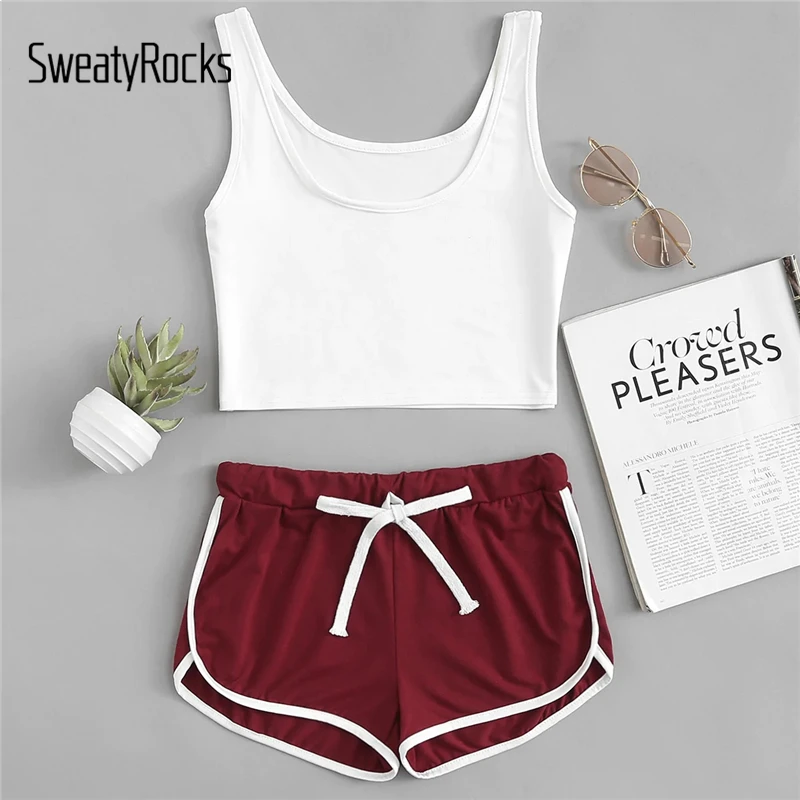 

SweatyRocks Scoop Neck Tank Top With Drawstring Shorts Set Activewear Womens Two Piece Sets 2019 Summer Casual Two Piece Outfits