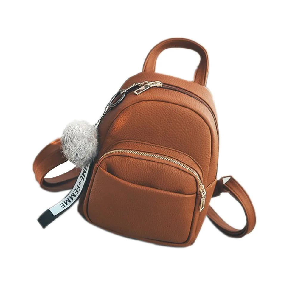 Мини-рюкзаки из ПУ кожи для студентов, пушистый шар, подвеска на плечо, школьные сумки для женщин, мягкие женские модные маленькие дорожные сумки, рюкзак - Цвет: brown