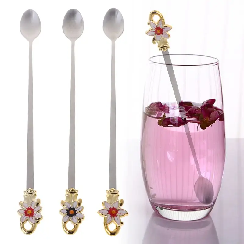 Нержавеющая сталь кофейная/чайная ложка с цветочным рисунком ложки с длинной ручкой, совок для мороженного для питья Кухня посуда
