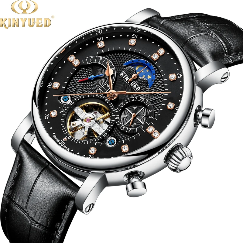 Механические часы Kinyued Skeleton Tourbillon автоматические мужские классические кожаные