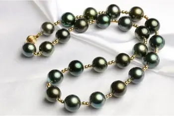 

free shipping >>>>noble jewelry Tahitian 10-11mm Peacock Green Pearl Necklace 18inch 14k