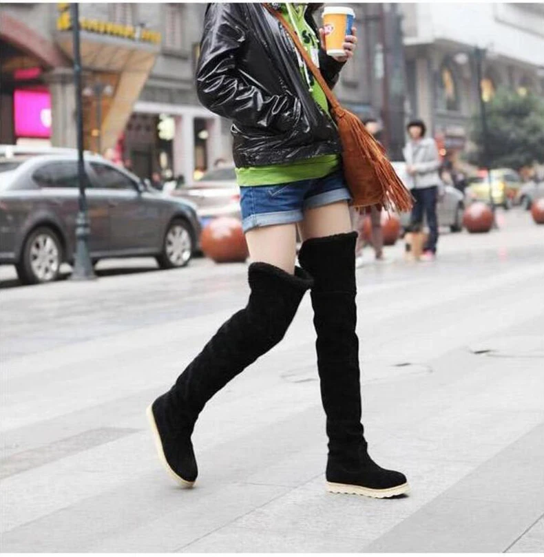 Women's Boots' Casual Lady Boot Over The Knee Long Winter Boots Women Flat Flock Leather Winter Snow Boots Women Plus Size 9 New (8)