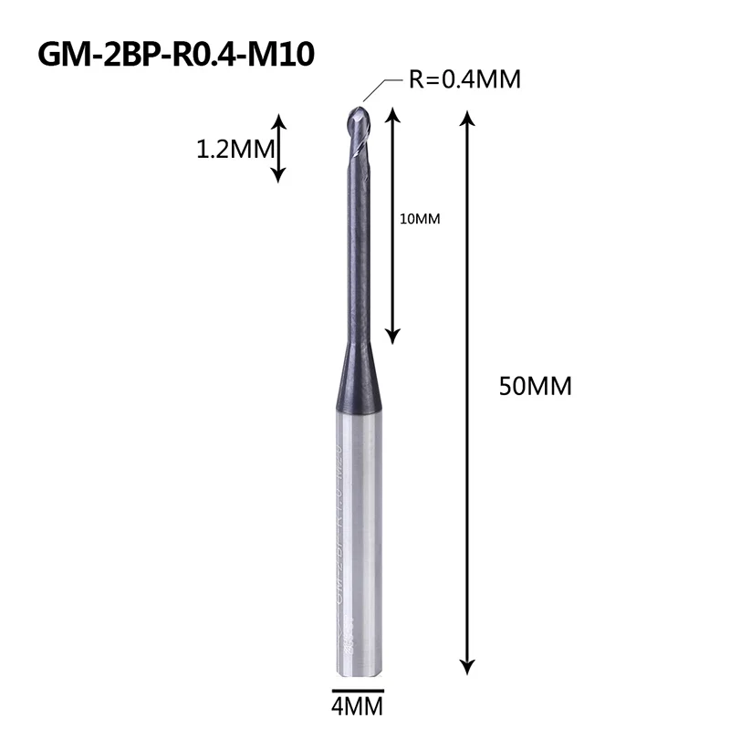 GM-2BP R0.25-0.75, Вольфрамовая сталь, 2 флейты, круглый нос, длинная шея, короткая режущая кромка, с покрытием, Концевая фреза с ЧПУ, фреза, режущие инструменты - Длина режущей кромки: GM-2BP-R0.4-M10