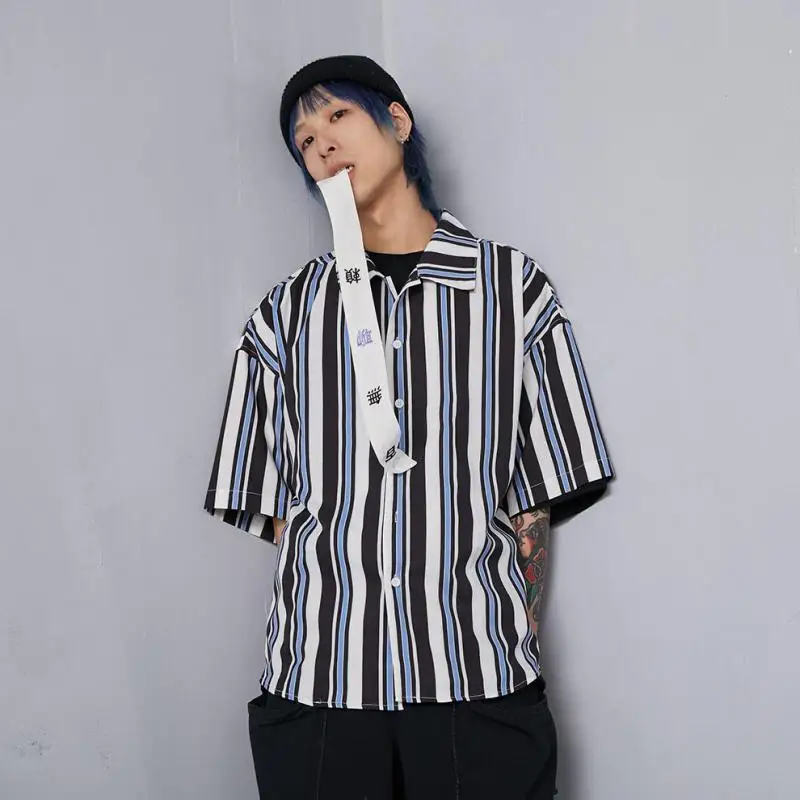 Fresh Vertical Stripe Shirts Short Sleeves Boredom Removable Ribbon For Fashionable Men And Women | Мужская одежда