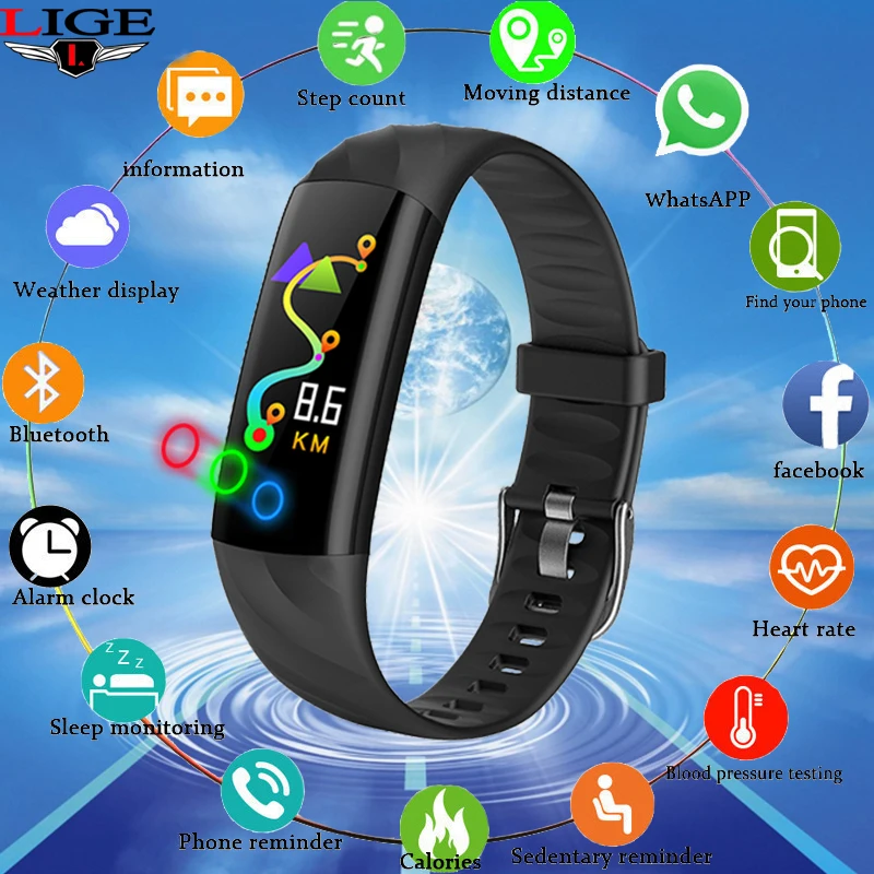 

LIGE New Ip67 Waterproof Smart Bracelet Sport Smart Watch Fitness Heart Rate Blood Oxygen Monitor Pedometer Smart Wristband +Box