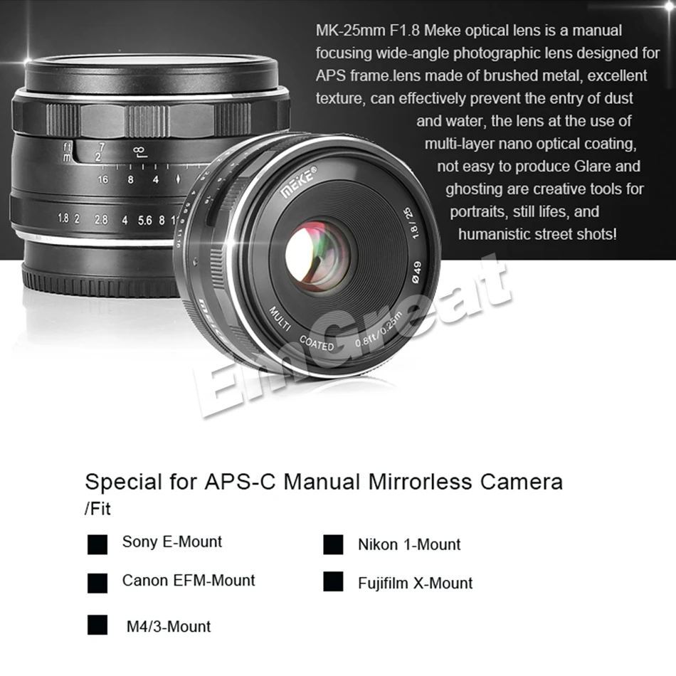 Meike 25 мм F1.8 широкоугольный объектив с большой апертурой ручная фокусировка объектив для sony E Mount/для Fuji камеры A6500 A7 A7II A7R X-T1 X-T2