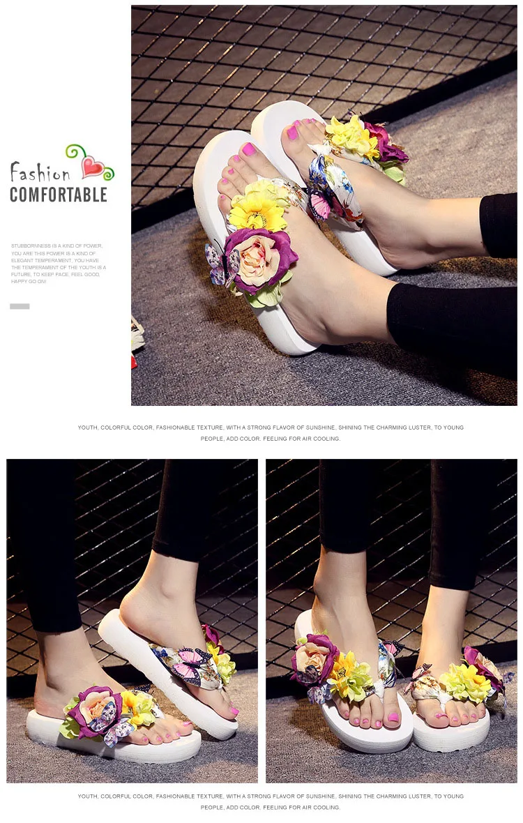 Летние женские Вьетнамки; пляжные женские шлепанцы с бабочками и цветами; модная женская обувь на танкетке; роскошный дизайн