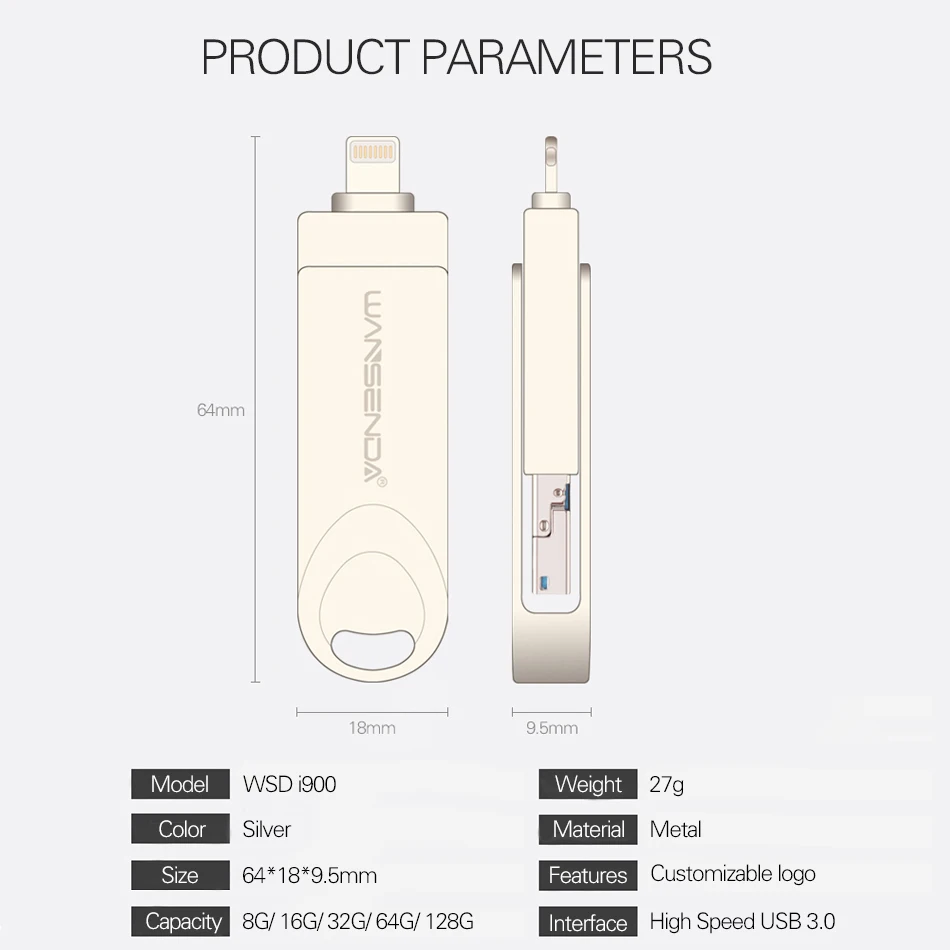 WANSENDA OTG USB флеш-накопитель, Вращающаяся ручка, 8 ГБ, 16 ГБ, 32 ГБ, 64 ГБ, 128 ГБ, высокая скорость, 2 в 1, флешка, Usb флешка, флеш-диск 3,0