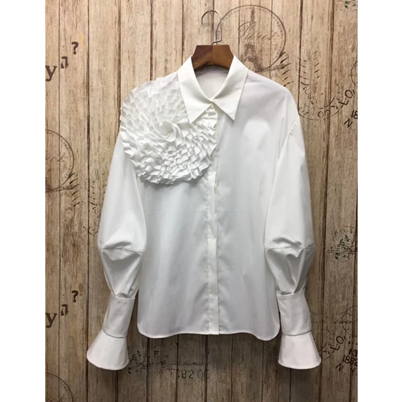 

LUO SHA 2019 Women's Long Sleeve Blouse Big Flower Cotton Blouse Shirt Office Ladies Woman Shirt Blouse Blusas Mujer