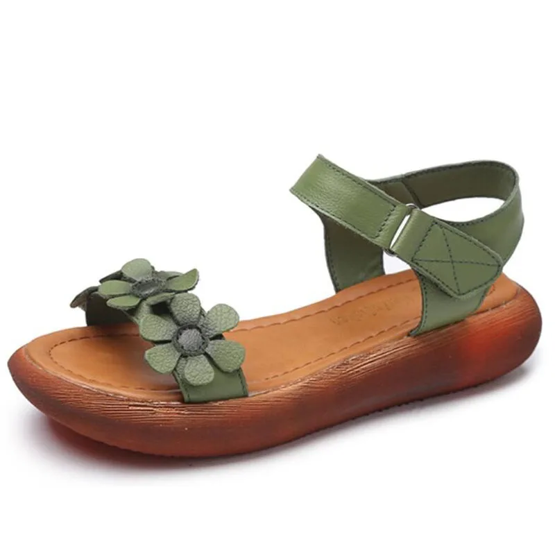 Новинка лета, оригинальные женские сандалии из натуральной кожи в стиле ретро, сандалии с открытым носком, повседневная обувь на плоской подошве с цветами, на застежке-липучке, зеленого и фиолетового цветов - Цвет: green