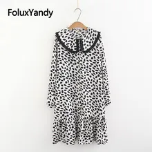 Ruffles Leopard Dress Women Casual Tassel Peter Pan Collar Loose Plus Size Dress Midi Vestidos KKFY3138 peter pan collar smock dress